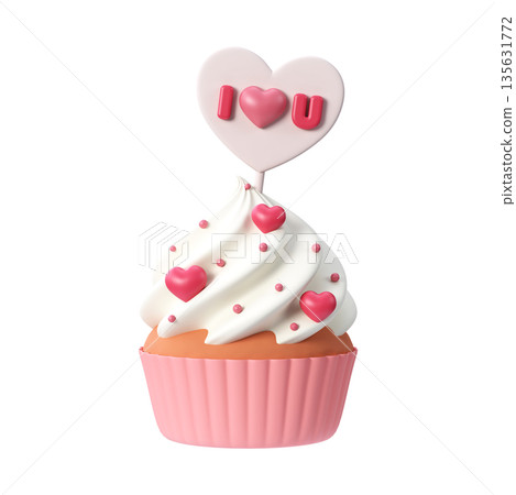 Romantic cupcake with creamy frosting and I love you heart topper in soft 3D style Romantic cupcake with creamy frosting and I love you heart topper in soft 3D style 135631772