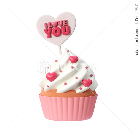 Sweet Valentine cupcake with creamy frosting and heart I love you topper, 3d illustration Sweet Valentine cupcake with creamy frosting and heart I love you topper, 3d illustration 135631797