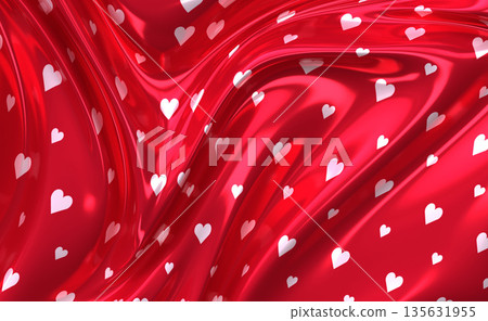 Romantic abstract background with red heart pattern on glossy fabric texture 135631955