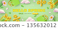 Hello Spring Sale banner design with 3d flowers leaves and shopping elements on green background 135632012