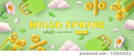 Hello Spring Sale banner design with 3d flowers leaves and shopping elements on green background 135632012