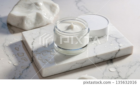 Face cream moisturiser, glass jar on marble stone background, skincare and cosmetic, beauty product concept 135632016
