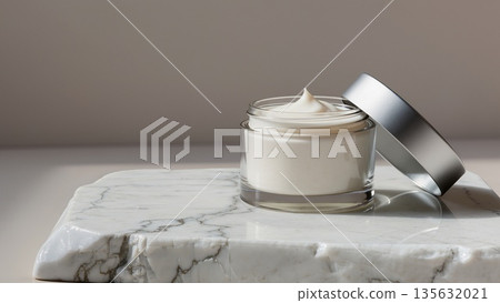 Face cream moisturiser, glass jar on marble stone background, skincare and cosmetic, beauty product concept 135632021