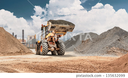 A wheel loader moves sand in a storage bucket at a construction site with piles of material and an industrial backdrop. Heavy machinery is in operation 135632099