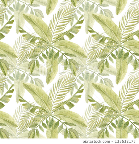 Hand-painted watercolor seamless pattern with banana leaves composition. tropical botanical illustration Hand-painted watercolor seamless pattern with banana leaves composition. tropical botanical illustration 135632175