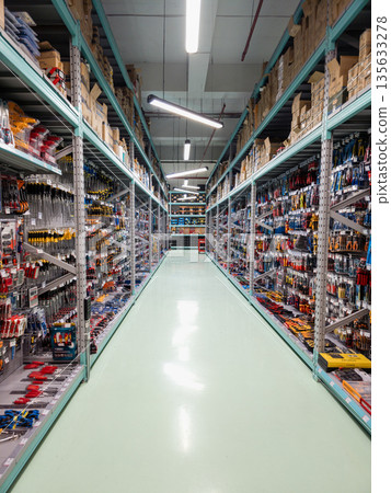 Yerevan Armenia 1.10.2026. A large store with many shelves of tools and hardware Yerevan Armenia 1.10.2026. A large store with many shelves of tools and hardware 135633278