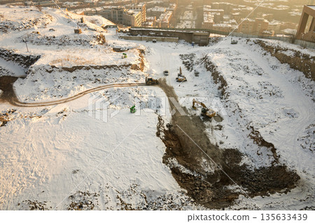 Yerevan Armenia 1.10.2026. A construction site with a lot of snow and a few vehicles Yerevan Armenia 1.10.2026. A construction site with a lot of snow and a few vehicles 135633439