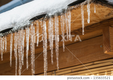 Icicles hanging from a roof in the snow Icicles hanging from a roof in the snow 135633521