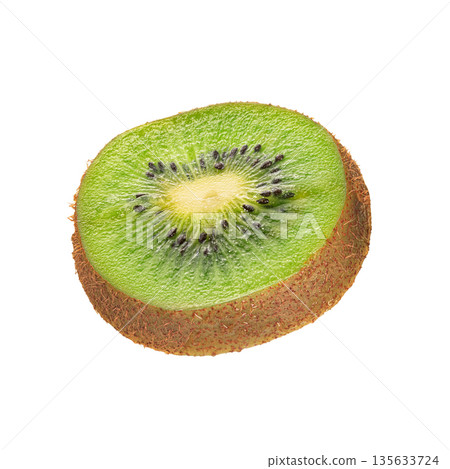 A slice of kiwi fruit with a green stem A slice of kiwi fruit with a green stem 135633724