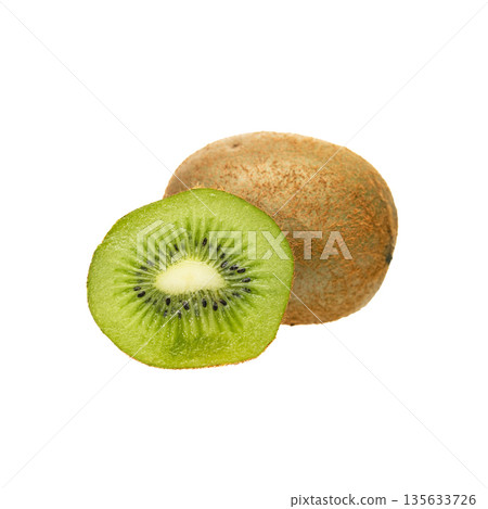 A green kiwi fruit with a slice missing A green kiwi fruit with a slice missing 135633726