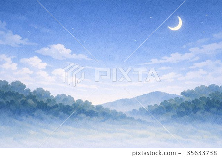 柔和的夜空和森林景觀背景 | 水彩風格，夜晚 135633738