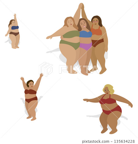 Plus Size Women Dancing in Bikinis on the beach. Vector illustration of diverse plus-size women celebrating body positivity in colorful bikinis. Joyful, confident, and inclusive 135634228