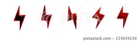 A set of plump, glossy 3D icons of lightning bolts. Blood-red decoration material. A set of plump, glossy 3D icons of lightning bolts. Blood-red decoration material. 135634230