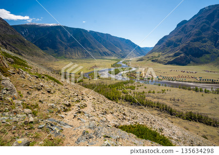 Chulyshman river winding through vast valley in Altai Russia seen from viewpoint near stone mushrooms Breathtaking Siberian landscape of mountains and flowing water 135634298