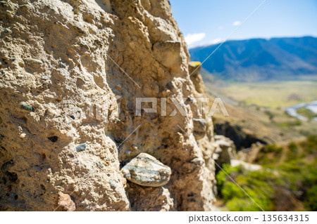 Close up of stone mushroom rock formation in Altai Russia Detailed texture of natural geological landmark Close up of stone mushroom rock formation in Altai Russia Detailed texture of natural geological landmark 135634315