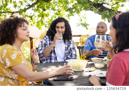Friends enjoying outdoor gathering, drinking and chatting around table with snacks Friends enjoying outdoor gathering, drinking and chatting around table with snacks 135634729