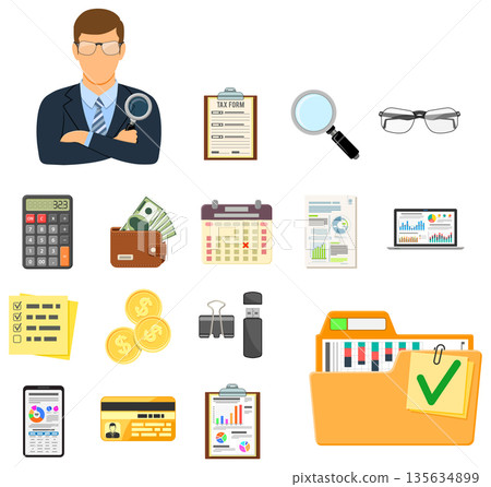 Auditing, Tax, Accounting Flat Icons Set 135634899