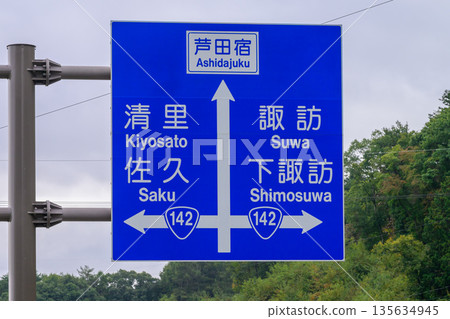 長野縣中山道行駛路線(蘆田宿、清裡、諏訪、佐久)國道142號線的道路指示牌 長野縣中山道行駛路線(蘆田宿、清裡、諏訪、佐久)國道142號線的道路指示牌 135634945