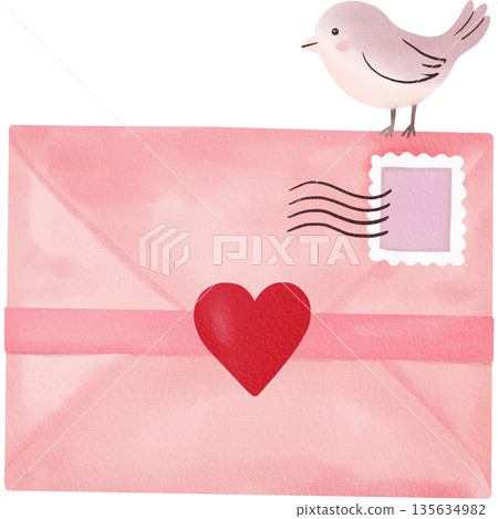 A pink love envelope with a red heart seal and a cute bird on top for Valentines Day cards. 135634982