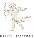 Elegant cupid with bow and arrow shoot, vintage style doddle, sketch in line art 135635003