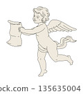 Elegant cupid with scroll vintage style doddle, sketch in line art 135635004