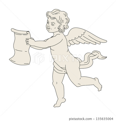 Elegant cupid with scroll vintage style doddle, sketch in line art 135635004