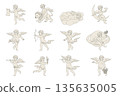 Elegant vintage style set of cupid and cherub doddle, sketch in line art 135635005