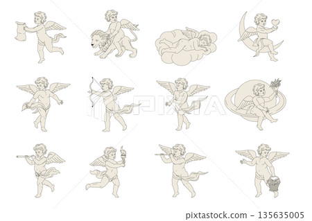 Elegant vintage style set of cupid and cherub doddle, sketch in line art Elegant vintage style set of cupid and cherub doddle, sketch in line art 135635005