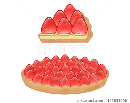 Hand-drawn illustration of strawberry tart - whole and cut 135635006