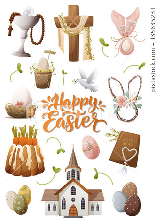 Christian Easter clipart set with church, cross, dove, eggs and religious symbols Christian Easter clipart set with church, cross, dove, eggs and religious symbols 135635231