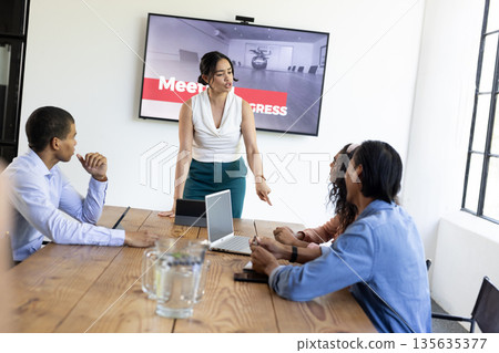 Leading meeting, businesswoman discussing progress with diverse team in modern office Leading meeting, businesswoman discussing progress with diverse team in modern office 135635377