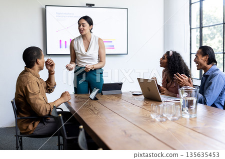Discussing presentation, business team engaging in conversation in modern conference room Discussing presentation, business team engaging in conversation in modern conference room 135635453