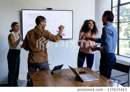 Business team celebrating success in office with digital presentation on screen 135635463