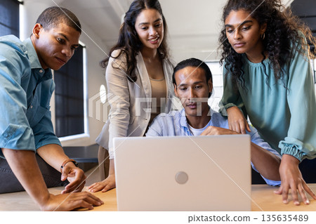 Diverse business team collaborating on laptop project in modern office setting Diverse business team collaborating on laptop project in modern office setting 135635489