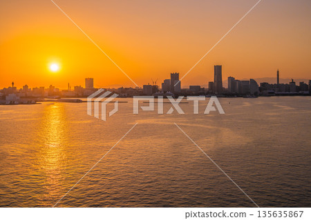 View of Yokohama cityscape in Japan, including Asuka III, Mount Fuji, the base gate in front of Kannai Station, Yokohama Kannai Tower, and Minato Mirai 135635867