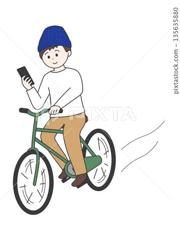 A young man riding a bicycle while looking at his smartphone. A minimalist and simple illustration 135635880