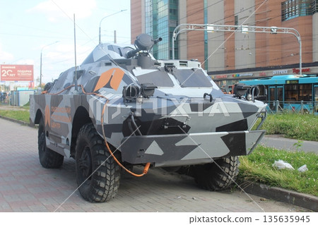 St. Petersburg, Russia, August 01 2025: museum exhibit of a tank on the street. St. Petersburg, Russia, August 01 2025: museum exhibit of a tank on the street. 135635945