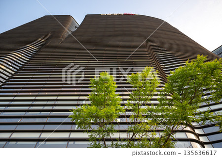 Wavy Skyscraper with Green Trees in Foreground Wavy Skyscraper with Green Trees in Foreground 135636617