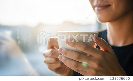 Happy young woman holding white cup of hot coffee or tea near window morning light cozy home atmosphere relaxation and comfort concept 135636690