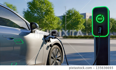 Electric car charging at station with green eco sign and power cable plugged in vehicle representing sustainable green energy technology Electric car charging at station with green eco sign and power cable plugged in vehicle representing sustainable green energy technology 135636693
