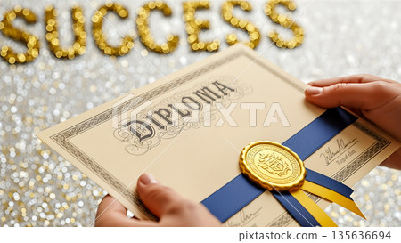 Student hands holding graduation diploma certificate with golden seal and success text sign in background representing academic achievement and education Student hands holding graduation diploma certificate with golden seal and success text sign in background representing academic achievement and education 135636694
