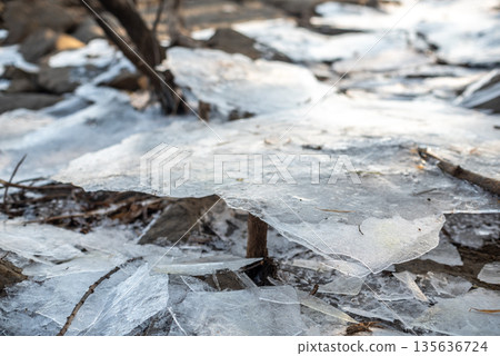 Cracked Ice Sheets on Rocky Surface 135636724