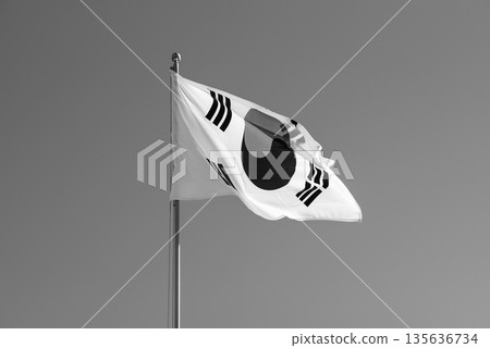 Monochrome South Korean Flag Waving in the Sky 135636734
