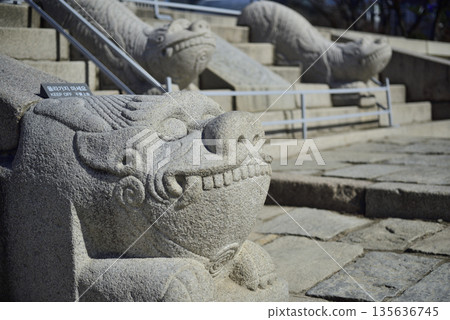 Stone sculptures of mythical creatures on a staircase in Deoksugung Palace in Seoul, South Korea Stone sculptures of mythical creatures on a staircase in Deoksugung Palace in Seoul, South Korea 135636745