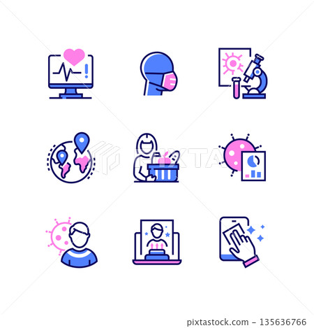 Coronavirus disease - line design style icons set Coronavirus disease - line design style icons set 135636766
