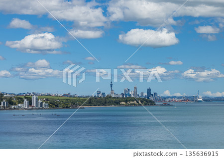 View of the city and Sky Tower from St Heliers in Auckland, New Zealand View of the city and Sky Tower from St Heliers in Auckland, New Zealand 135636915