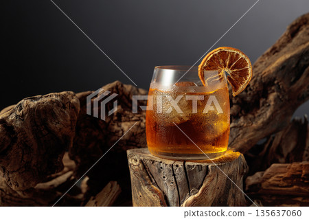 Old-fashioned cocktail with ice and dried orange slice. Old-fashioned cocktail with ice and dried orange slice. 135637060