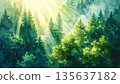 Watercolor landscape of a forest with sunlight filtering through the trees (horizontal 16:9) 135637182