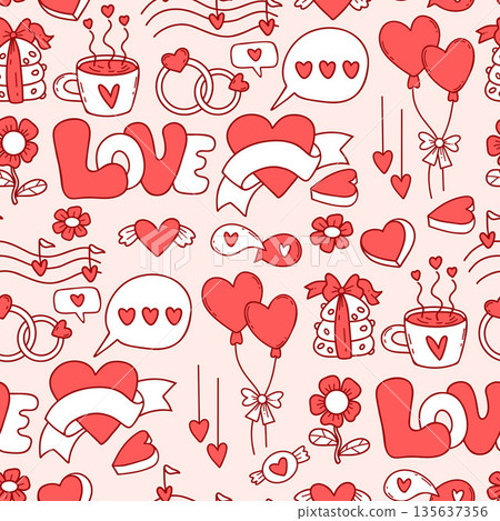 Valentines Day Seamless Doodle Pattern. Red Balloons, Wedding Rings, Love Lettering, Flower, Notes And Heart Romantic Elements Repeating Background. Vector Illustration. Not AI Valentines Day Seamless Doodle Pattern. Red Balloons, Wedding Rings, Love Lettering, Flower, Notes And Heart Romantic Elements Repeating Background. Vector Illustration. Not AI 135637356