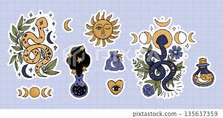 Mystical Snakes witchy Stickers with Moon Phase, Flowers, Sun, potion bottles and celestial symbols. Isolated Vector Magical Color Textured Hand Drawn Doodle on checkered background. Not AI 135637359